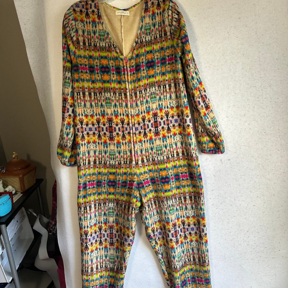Natural Life Cozy Fleece Jumpsuit Multi Color Ikat Print Full Zip Loungewear S